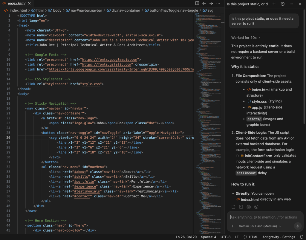 antigravity-ide-agent-static-project-check Antigravity IDE with index.html code and agent confirming the project is static