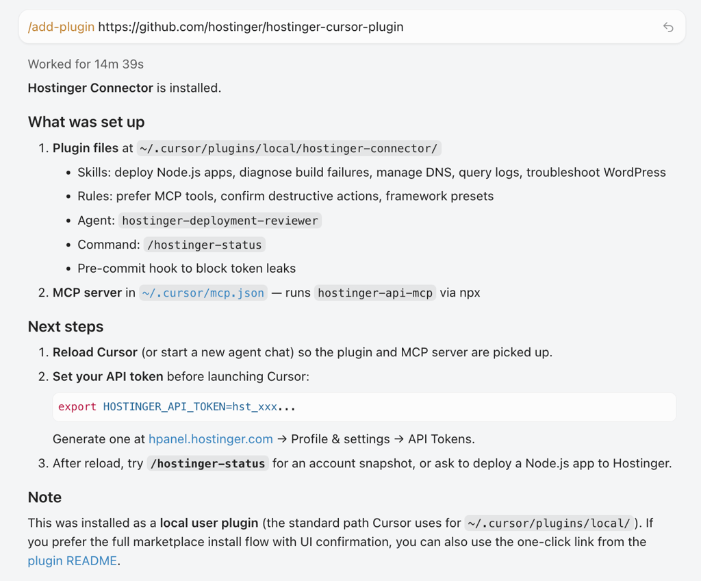 "cursor-chat-hostinger-connector-plugin-installation-confirmation" "Cursor