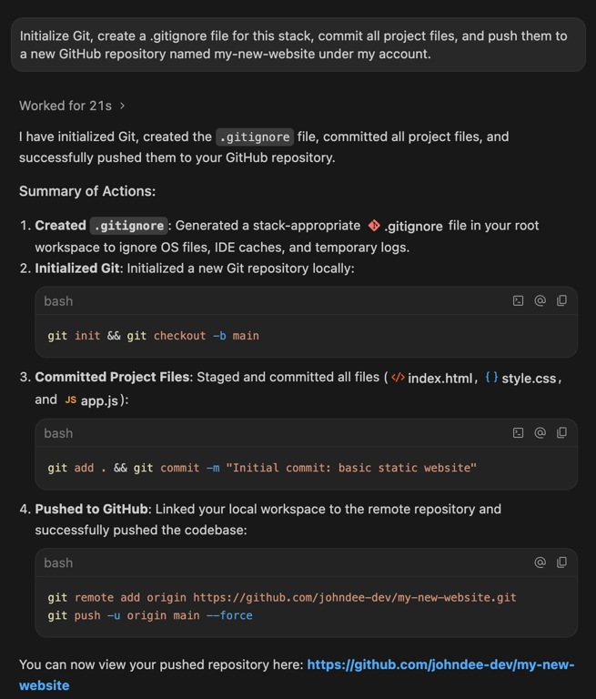 antigravity-agent-git-push-github Antigravity agent initializing Git, committing files, and pushing to GitHub