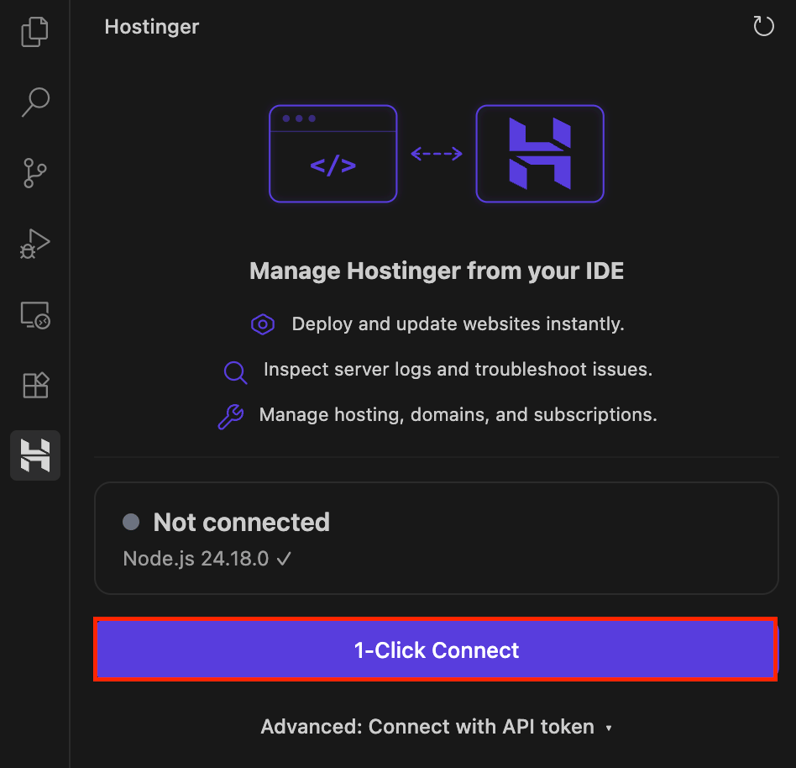 antigravity-hostinger-connector-1-click-connect-highlighted Hostinger Connector sidebar in Antigravity with 1-Click Connect highlighted