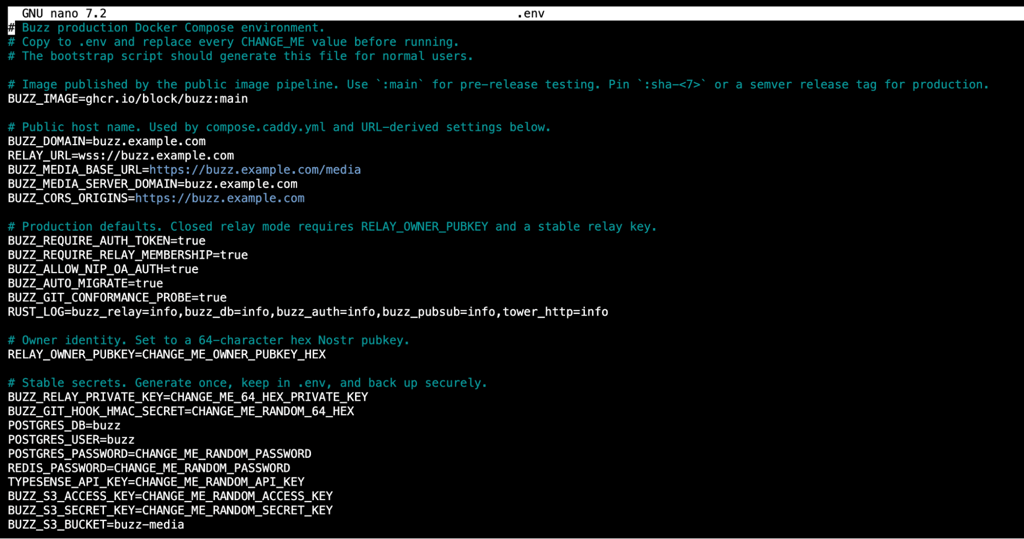 nano-editor-buzz-env-configuration-file The Buzz .env configuration file open in the nano text editor