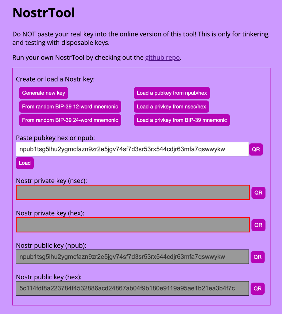 nostrtool-npub-hex-public-key-conversion NostrTool key converter showing a loaded npub with the corresponding hex public key