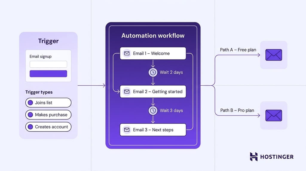 Diagram showing an email onboarding automation workflow with a trigger stage, a sequenced email workflow with timed delay steps, and branching paths for different user plan segments.