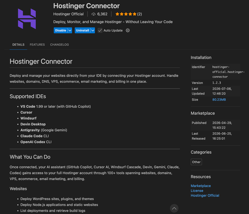 open-vsx-hostinger-connector-extension-details Hostinger Connector extension page on Open VSX showing supported IDEs and version
