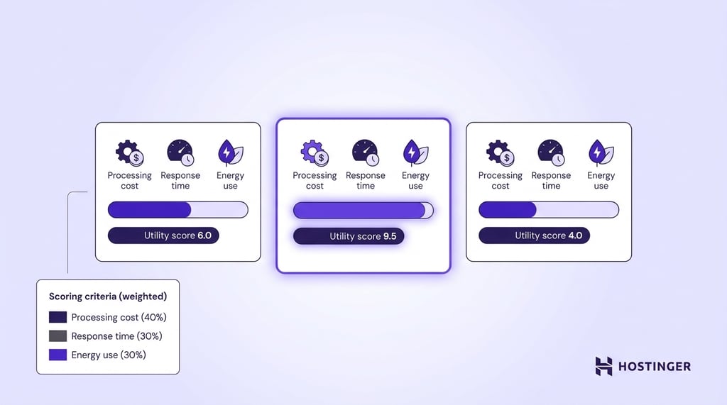 Three server options are scored across criteria such as cost, speed, and energy use, with the highest-scoring option selected — illustrating how a utility-based agent evaluates trade-offs before acting.