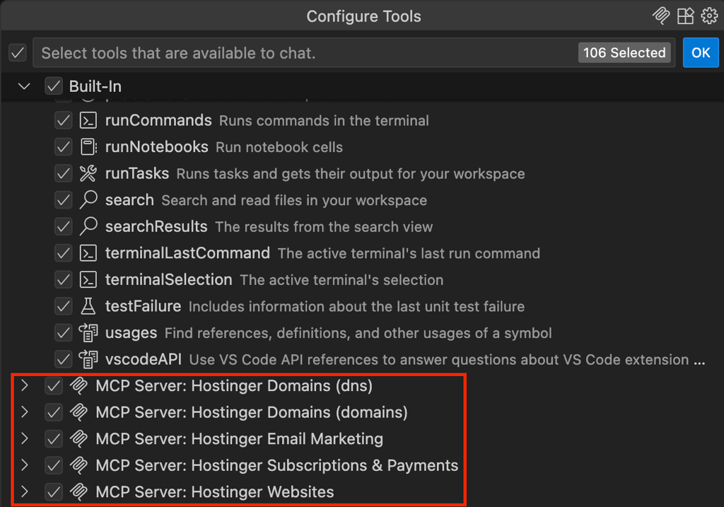vs-code-configure-tools-hostinger-mcp-servers-highlighted VS Code Configure Tools dialog with Hostinger MCP Server tools enabled
