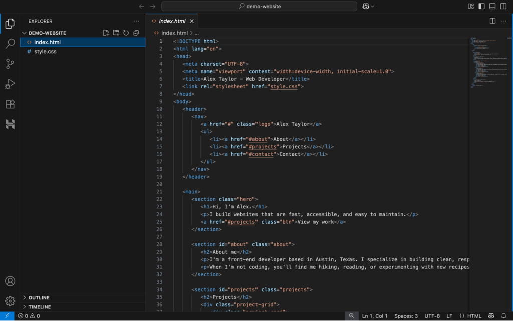 vs-code-editor-demo-website-project-explorer-sidebar VS Code editor with demo-website project open showing index.html and style.css in Explorer