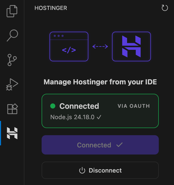 vs-code-hostinger-connector-connected-via-oauth Hostinger Connector sidebar in VS Code showing Connected via OAuth with green status