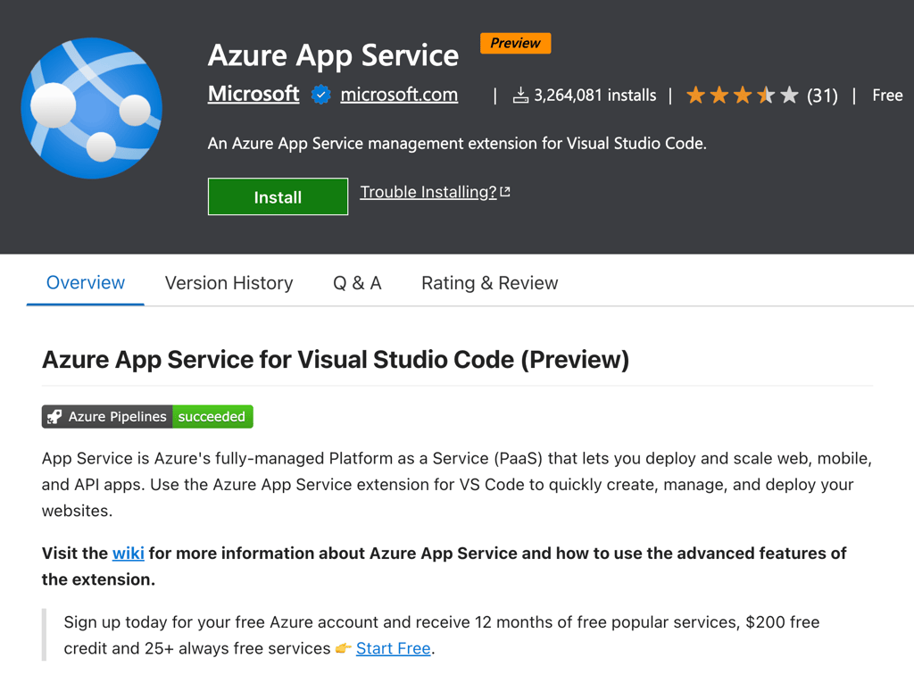 vs-code-marketplace-azure-app-service-extension Azure App Service extension on VS Code Marketplace with Install button