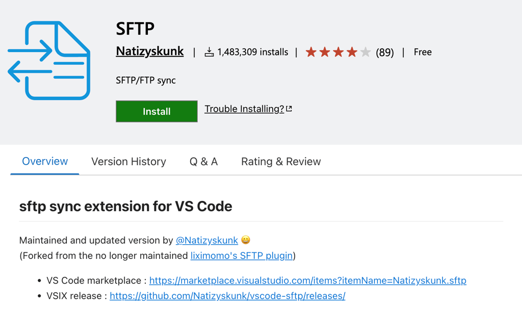 vs-code-marketplace-sftp-extension-natizyskunk SFTP extension by Natizyskunk on VS Code Marketplace with Install button