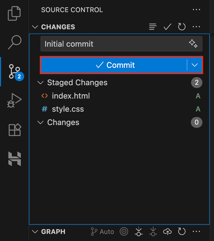 vs-code-source-control-staged-changes-commit-button-highlighted VS Code Source Control panel with two staged files and Commit button