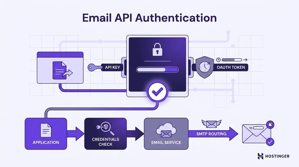 An application presents an API key or OAuth token to an email service gateway, which verifies credentials before routing the message through SMTP infrastructure.
