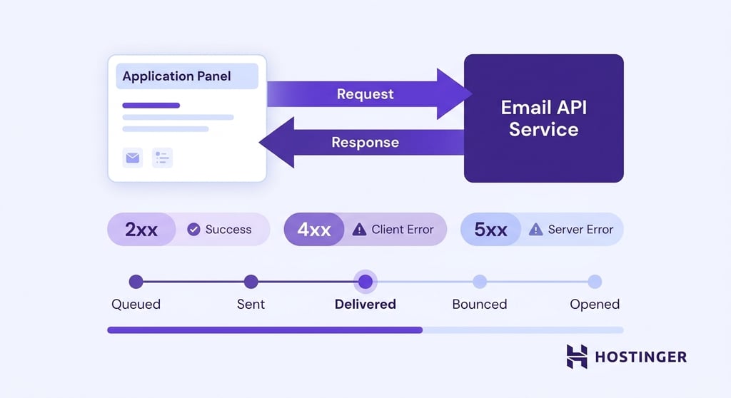 Diagram showing an email API response flow with status code categories and a delivery status timeline from queued to opened.