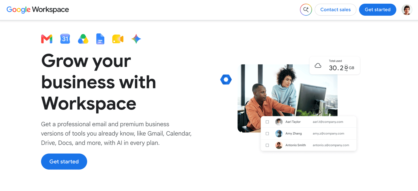 Google Workspace homepage with the headline 'Grow your business with Workspace' and Gmail, Calendar, Drive, and Gemini icons