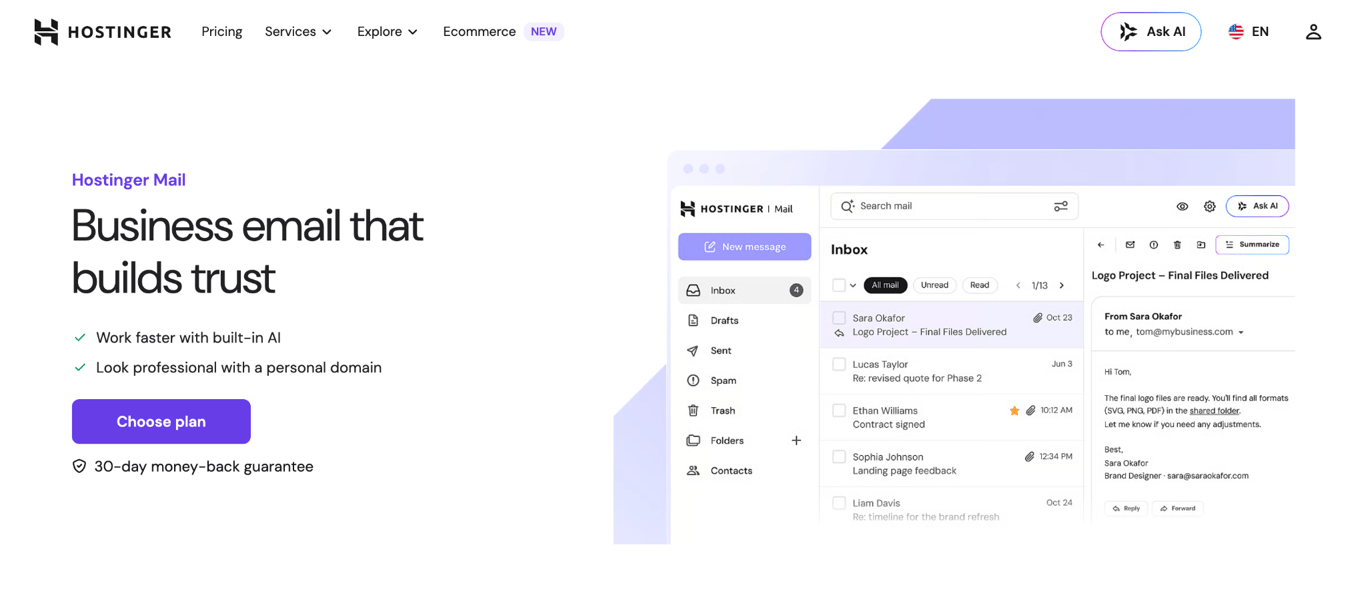 Hostinger Mail landing page with the headline 'Business email that builds trust' next to a webmail inbox preview