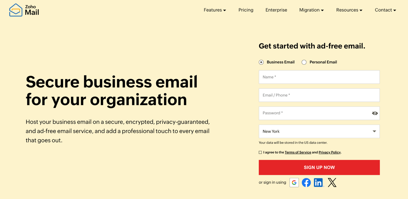 Zoho Mail homepage with the headline 'Secure business email for your organization' and a business email signup form