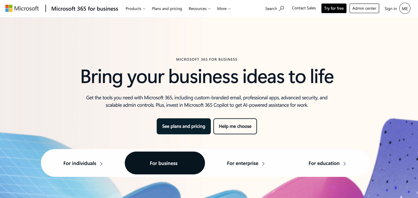 Microsoft 365 for business homepage with the headline 'Bring your business ideas to life'