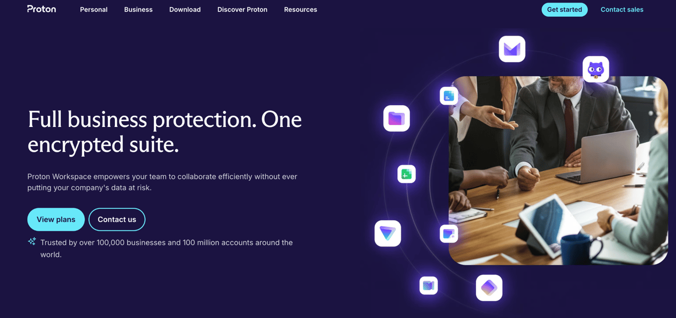 Proton for Business homepage with the headline 'Full business protection. One encrypted suite'