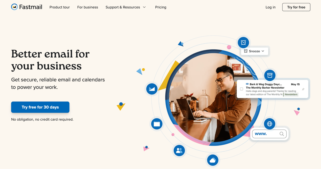 Fastmail business page with the headline 'Better email for your business' and a 30-day free trial button