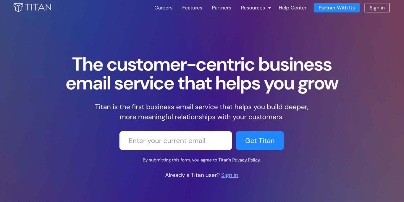 Titan homepage with the headline 'The customer-centric business email service that helps you grow'