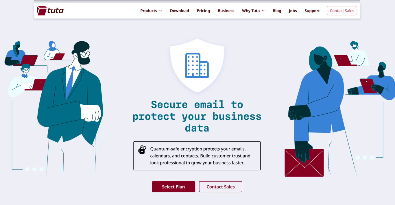Tuta business page with the headline 'Secure email to protect your business data' and a quantum-safe encryption callout