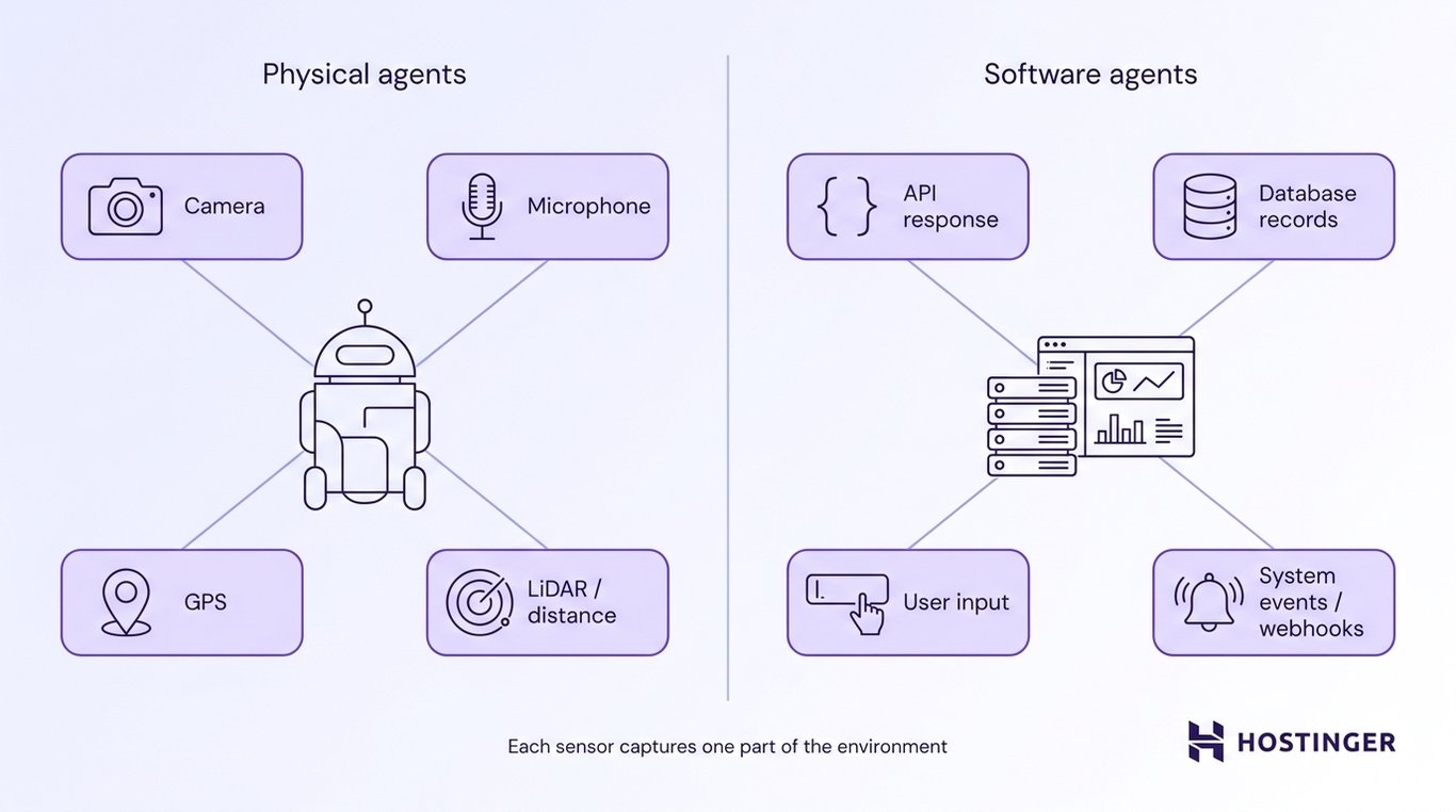 Split diagram showing a physical agent with camera, microphone, GPS, and LiDAR sensors alongside a software agent with API, database, user input, and webhook sensors.