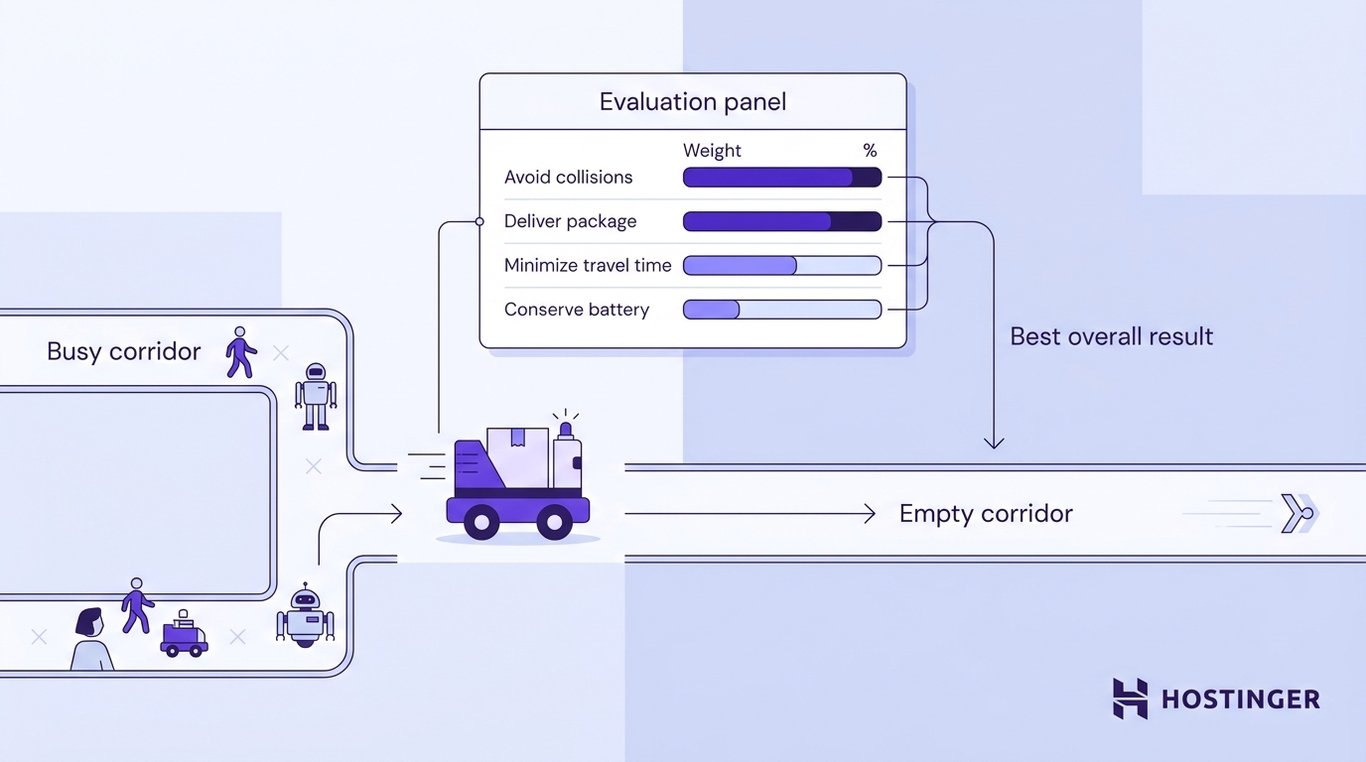 A delivery robot at a route decision point evaluates four weighted criteria — collision avoidance, package delivery, travel time, and battery — to select the best overall path.