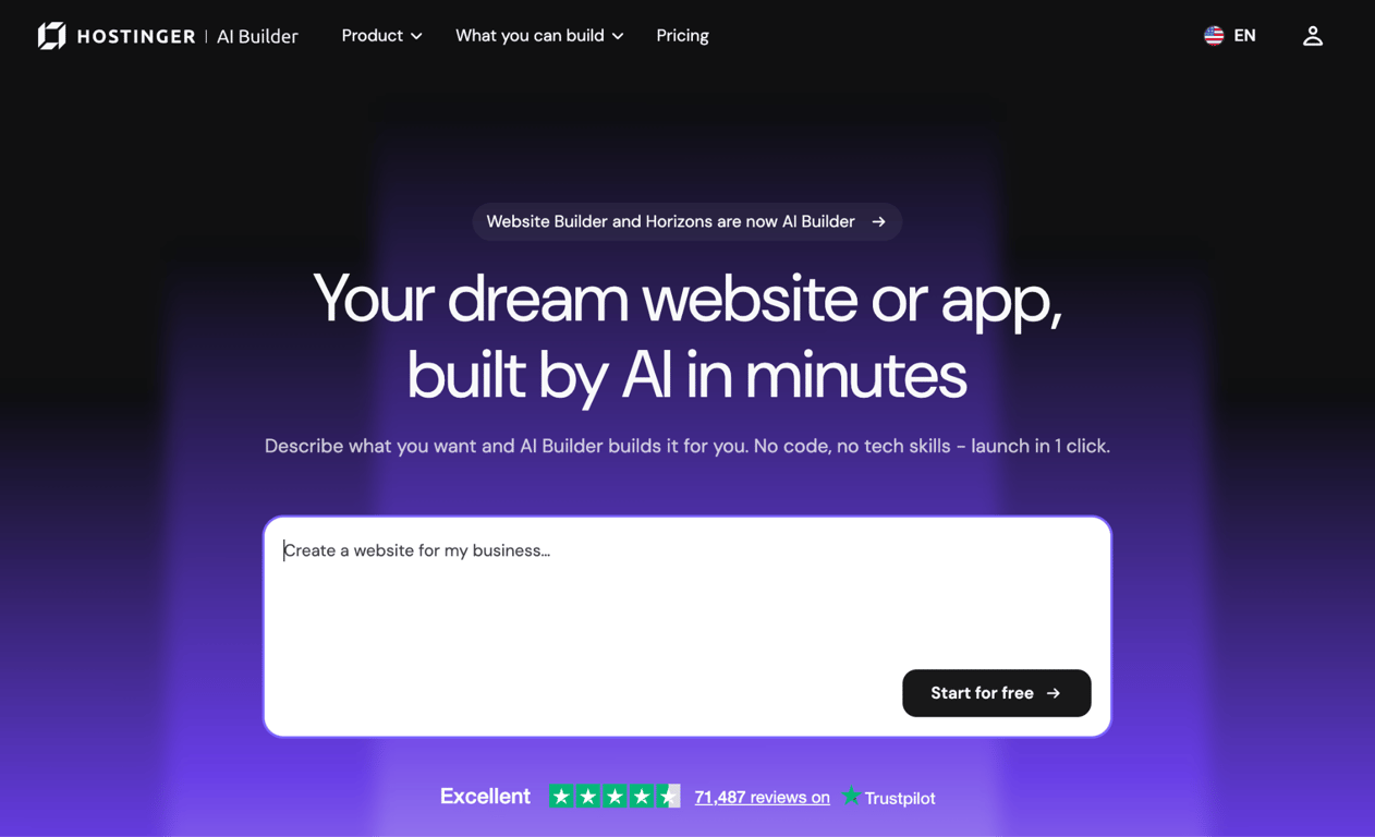 Hostinger AI Builder start page with the AI prompt field highlighted