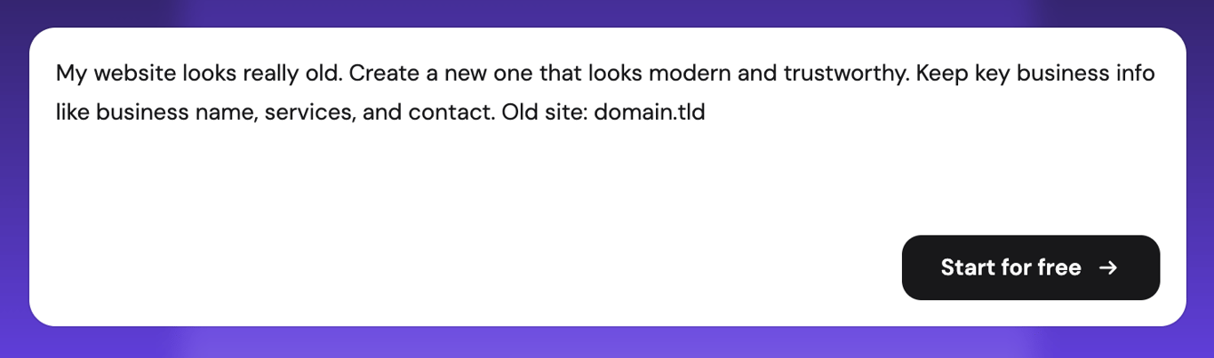 AI prompt asking Hostinger AI Builder to recreate an outdated website from its URL with a modern design