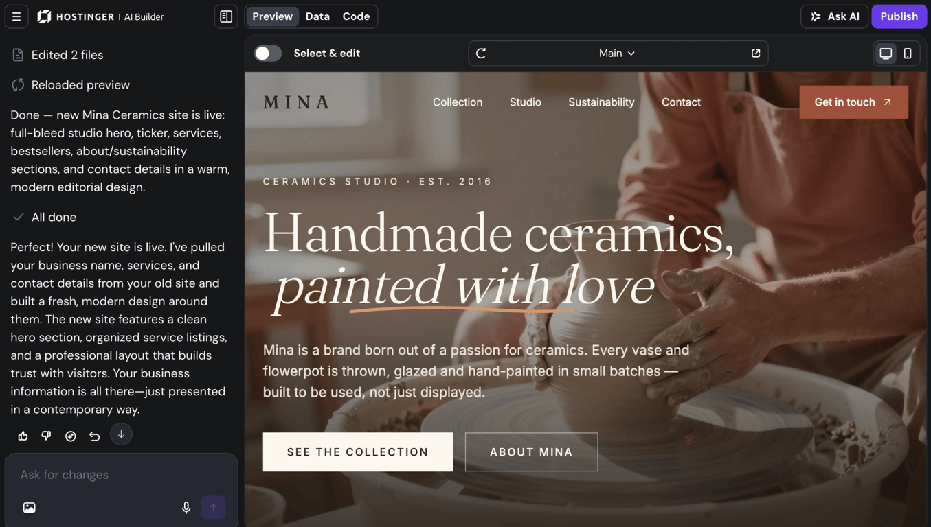 Generated website draft in the Hostinger AI Builder editor with an AI-invented founding year highlighted