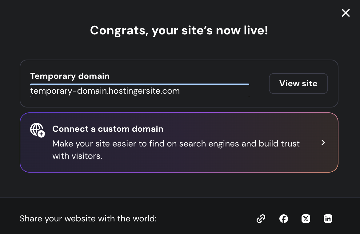 Confirmation screen in Hostinger AI Builder showing the temporary domain and the option to connect a custom domain after publishing