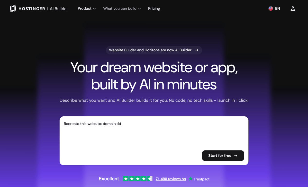 Hostinger AI Builder landing page with a prompt field to describe the website you want to create