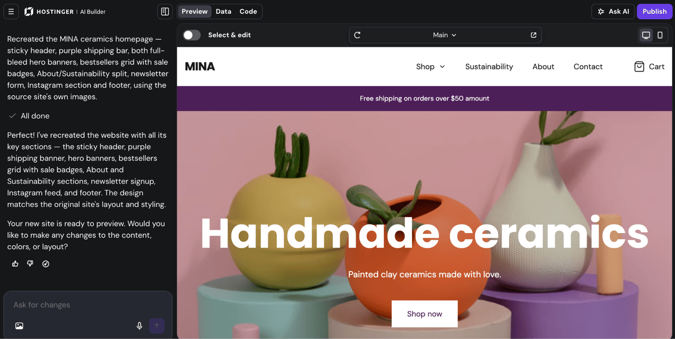 Hostinger AI Builder showing a recreated Wix site homepage with the original design, layout, and images