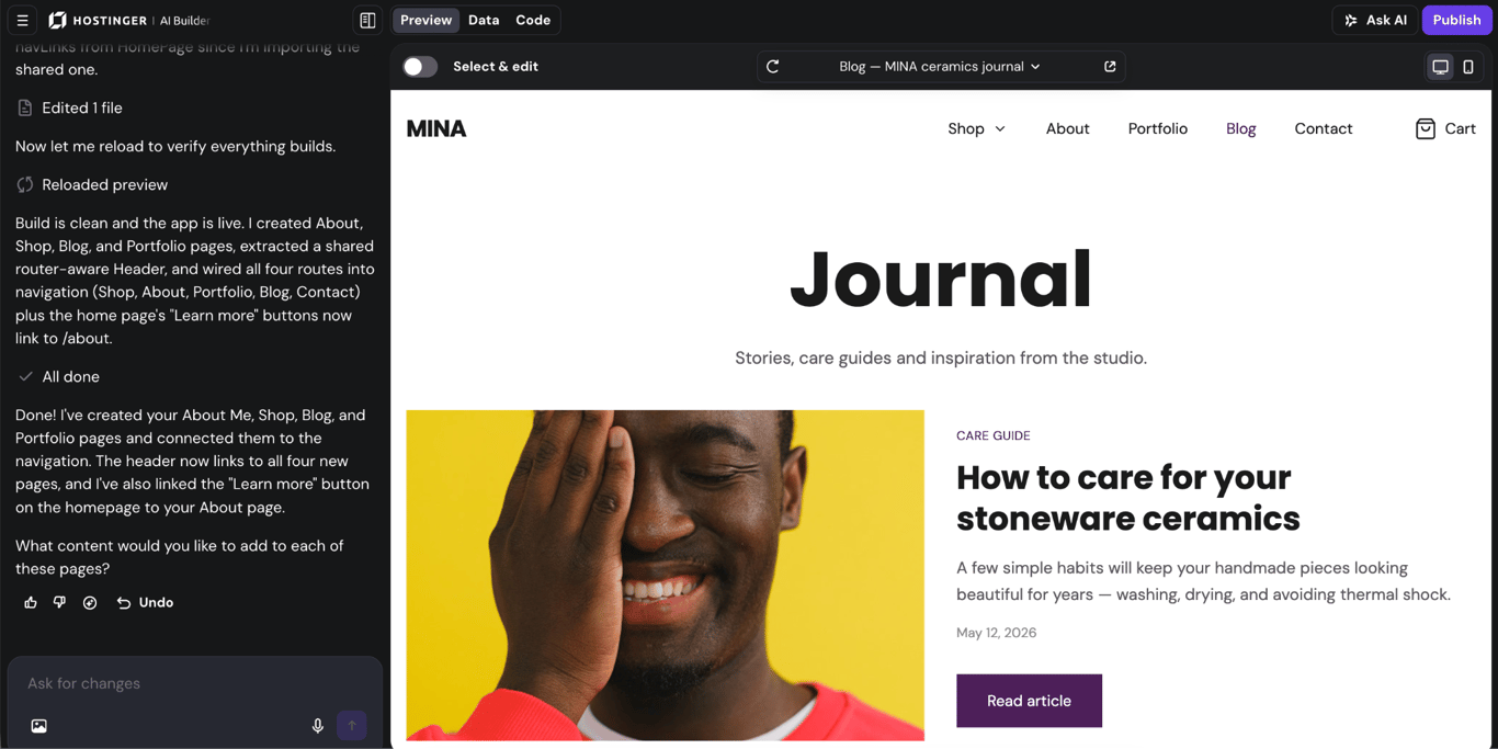 Hostinger AI Builder showing a generated blog page with separate pages linked in the navigation menu