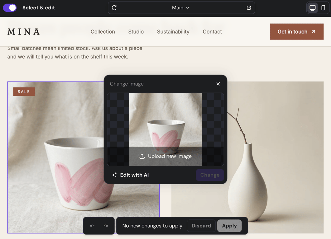 Hostinger AI Builder image replacement dialog with an option to upload a new image