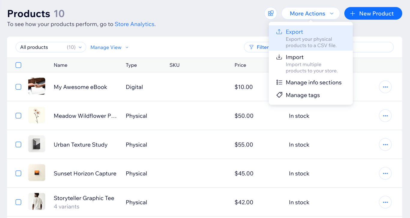 Wix Products dashboard with More Actions dropdown open and Export option highlighted