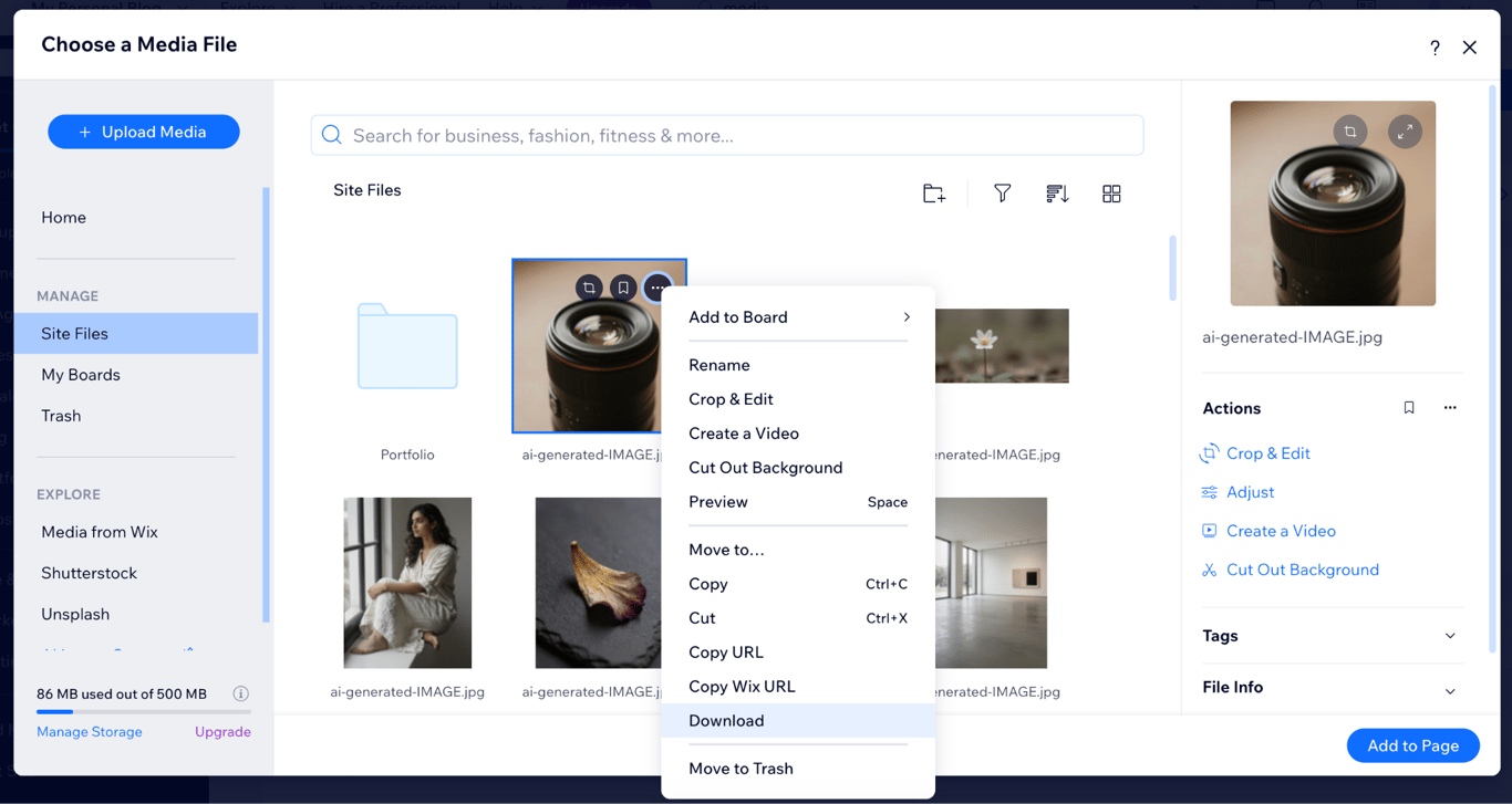 Wix Media Manager with file options menu open and Download option highlighted