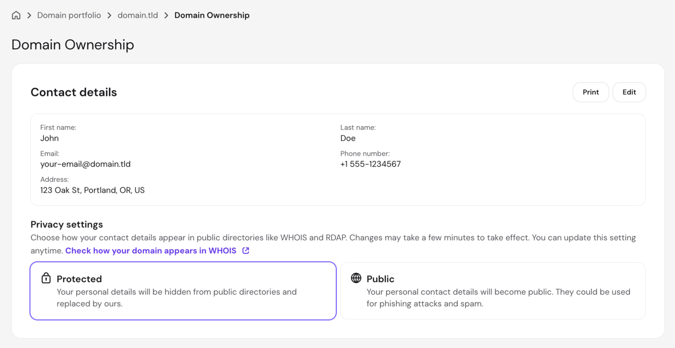hPanel Domain Ownership page showing the Protected option selected under Privacy settings