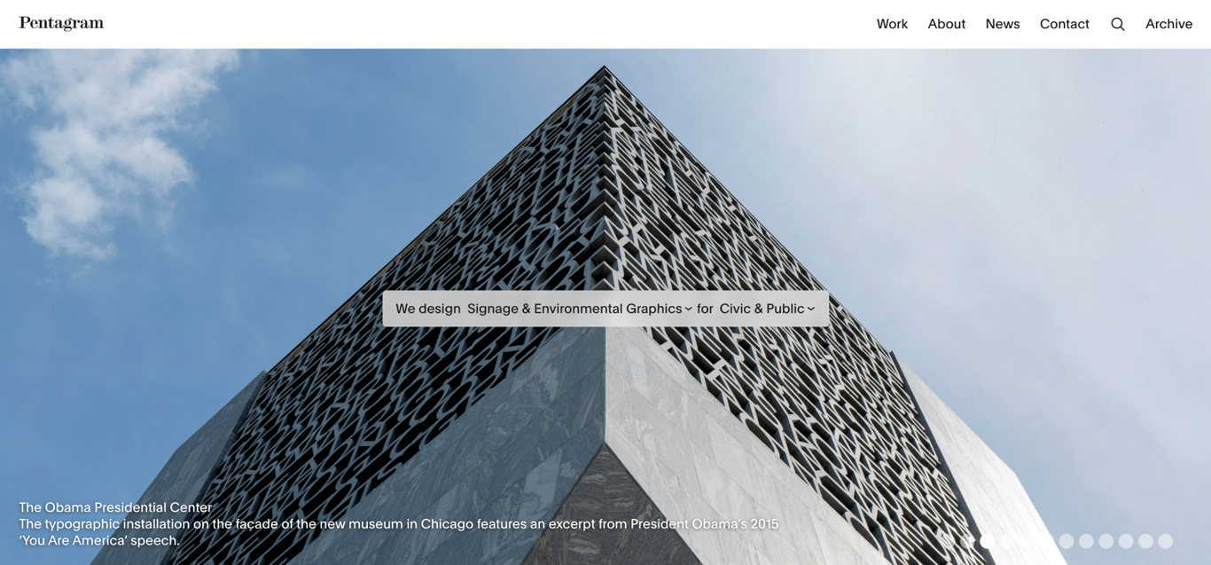 Pentagram's homepage featuring the Obama Presidential Center project with an interactive discipline and sector filter