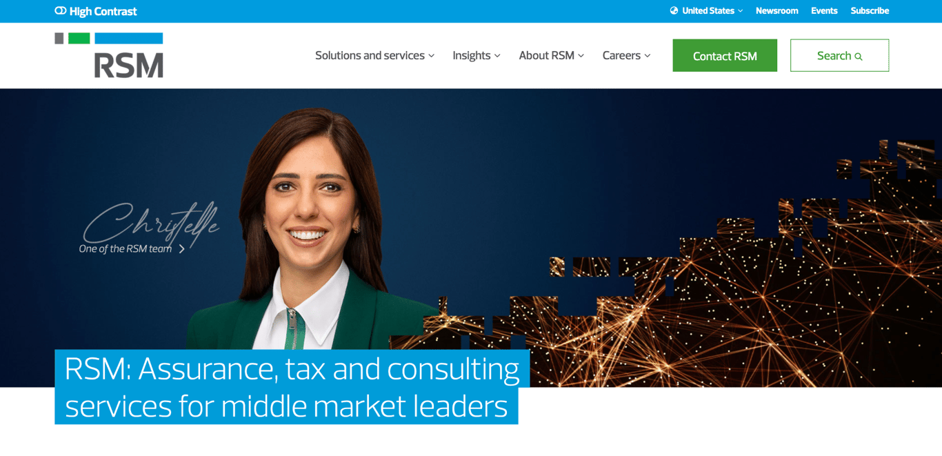 RSM US homepage showing a named team member photo and the headline