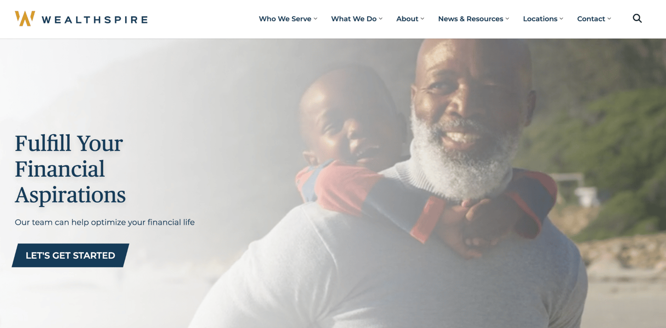 Wealthspire Advisors' homepage hero with the headline