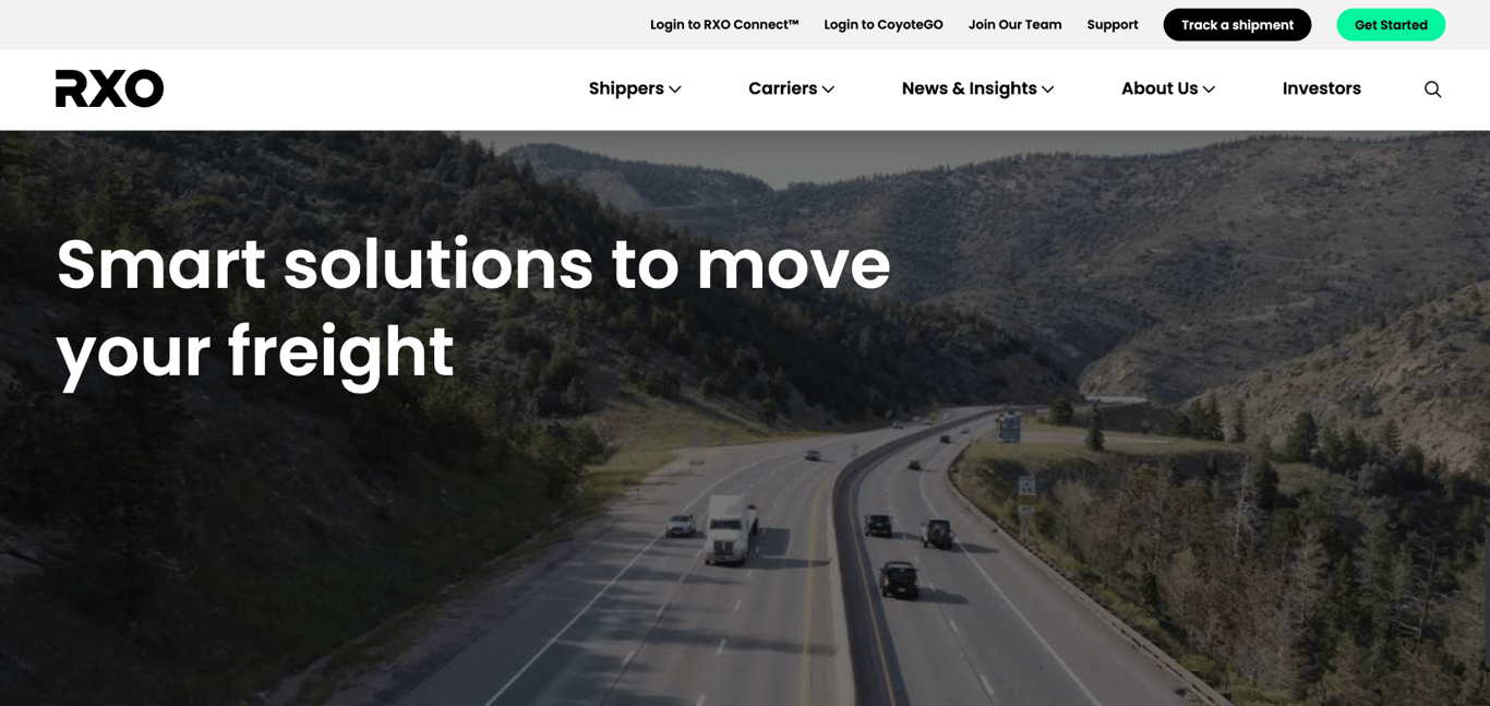 RXO's homepage with the headline