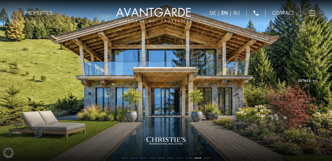 Avantgarde International Properties' homepage showing a full-bleed photo of a luxury alpine villa with a pool