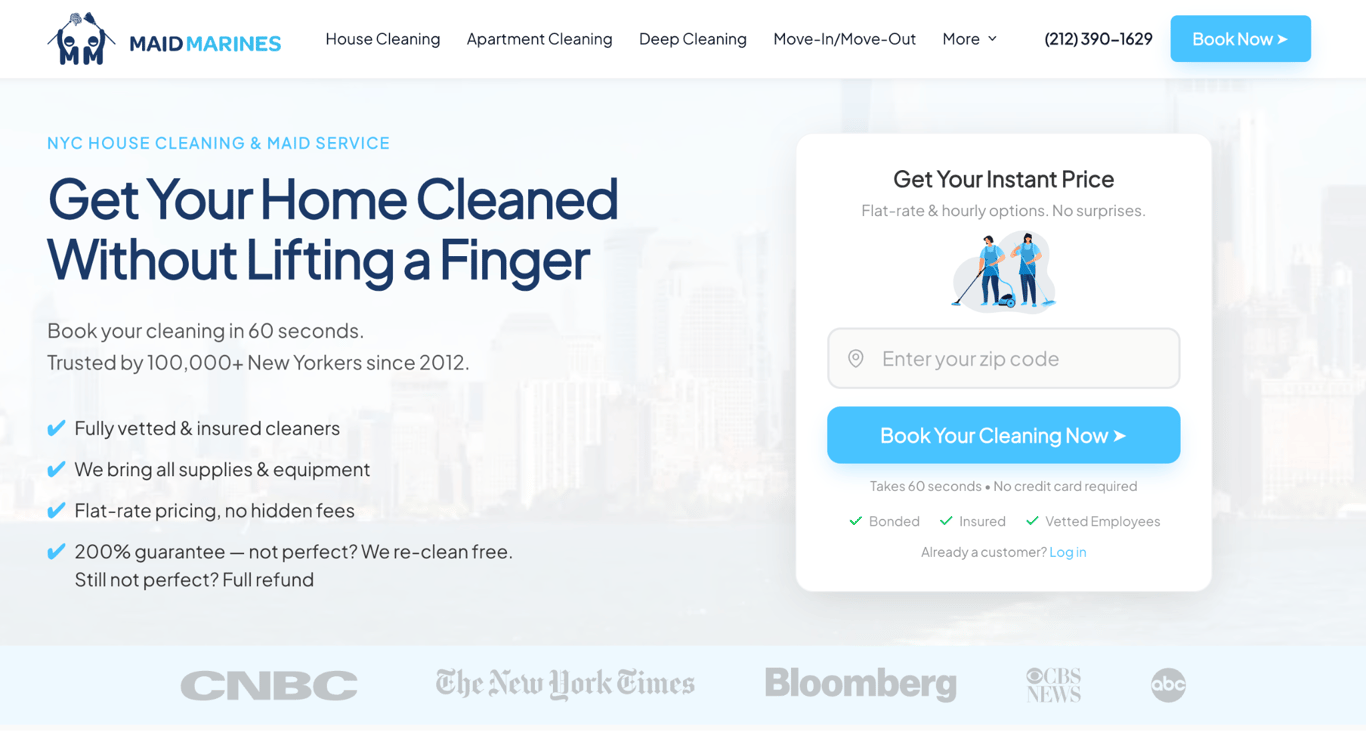 Maid Marines' homepage with an inline booking widget and the headline
