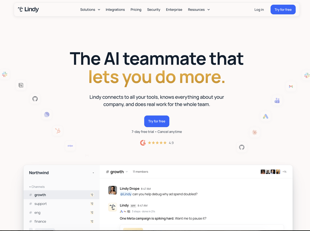 Lindy homepage showing the AI teammate answering an ad spend question inside a Slack growth channel.