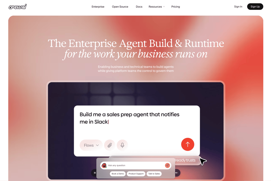 CrewAI homepage showing a prompt to build a sales prep agent that sends Slack notifications.