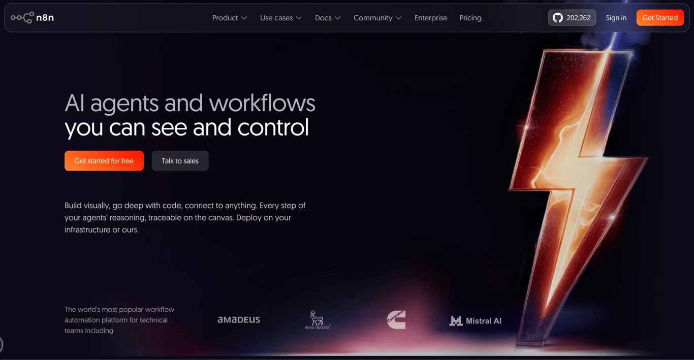 n8n homepage describing visual AI agent workflows with every reasoning step traceable on the canvas.