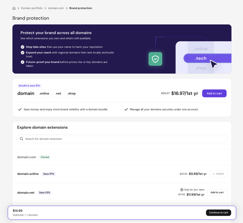 Brand protection page in hPanel showing owned and available domain extensions with the option to add variations to cart