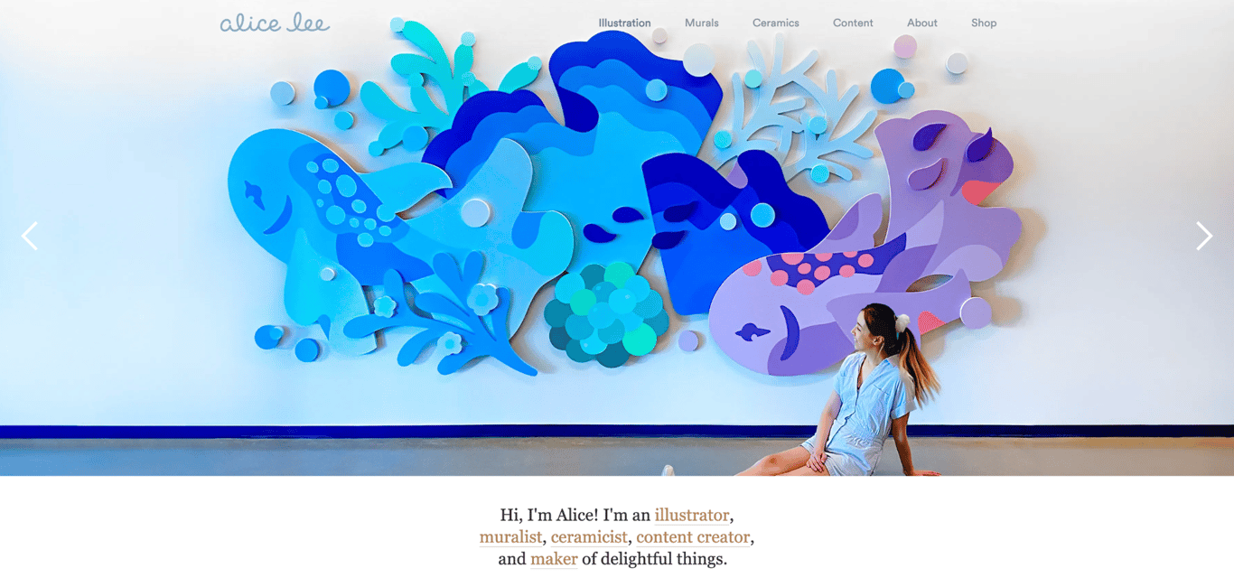 Alice Lee's portfolio homepage with a full-width paper-cut mural of blue and purple sea creatures and plants, Alice sitting in front in a blue outfit, and navigation tabs for Illustration, Murals, Ceramics, Content, About, and Shop