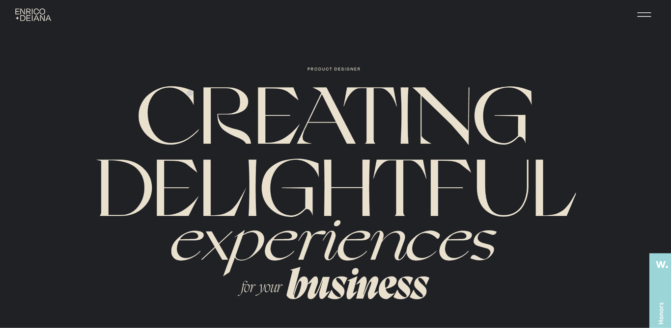 Enrico Deiana's product and web design portfolio homepage with his name and title above the fold and a minimal dark layout showcasing his selected work
